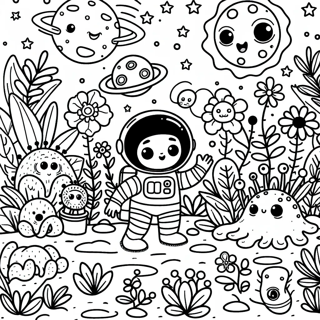 Un petit astronaute explore une planète inconnue remplie de créatures extraterrestres amicales et de fleurs exotiques lumineuses.