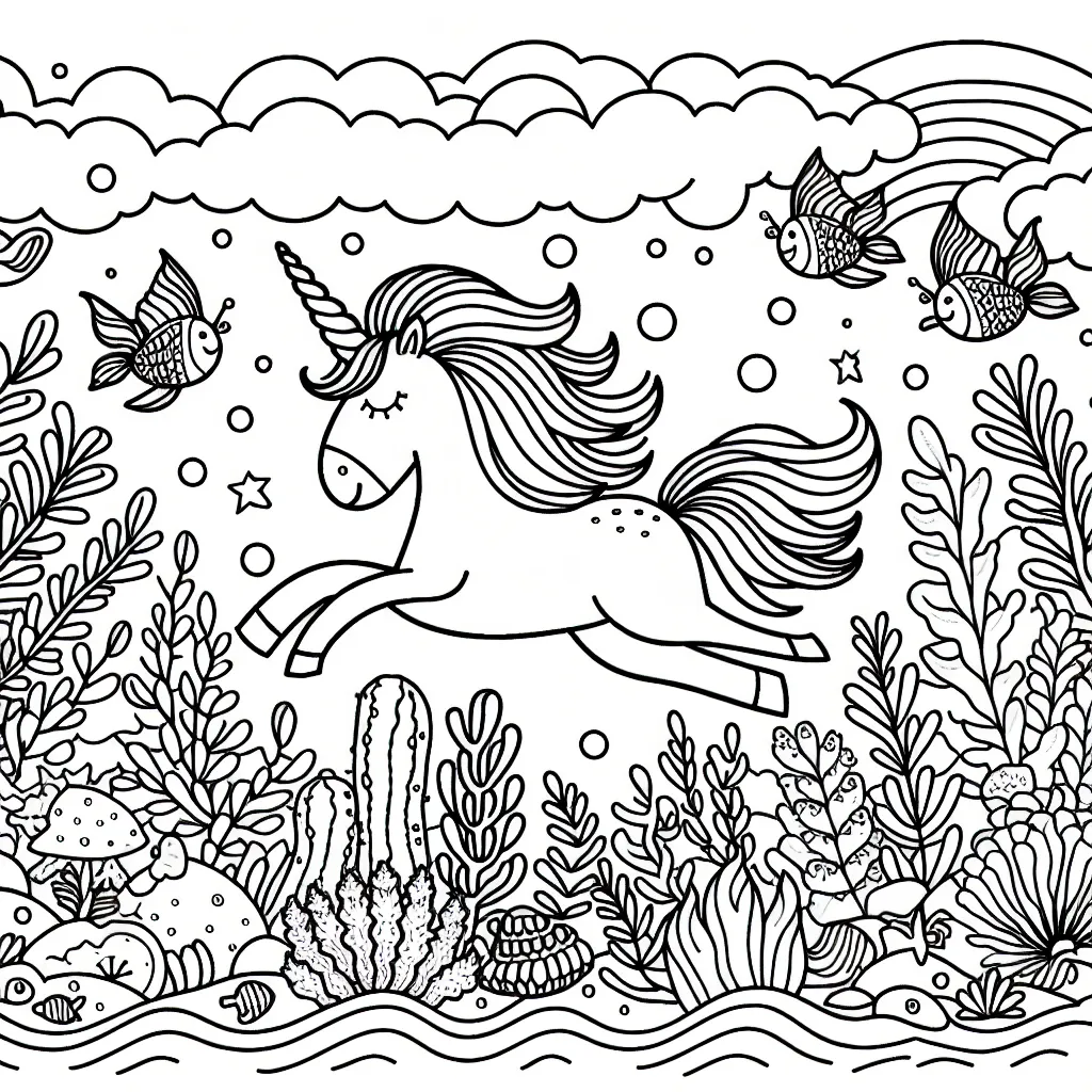 Génère un coloriage pour enfant avec des licornes dans un univers sous-marin fantastique