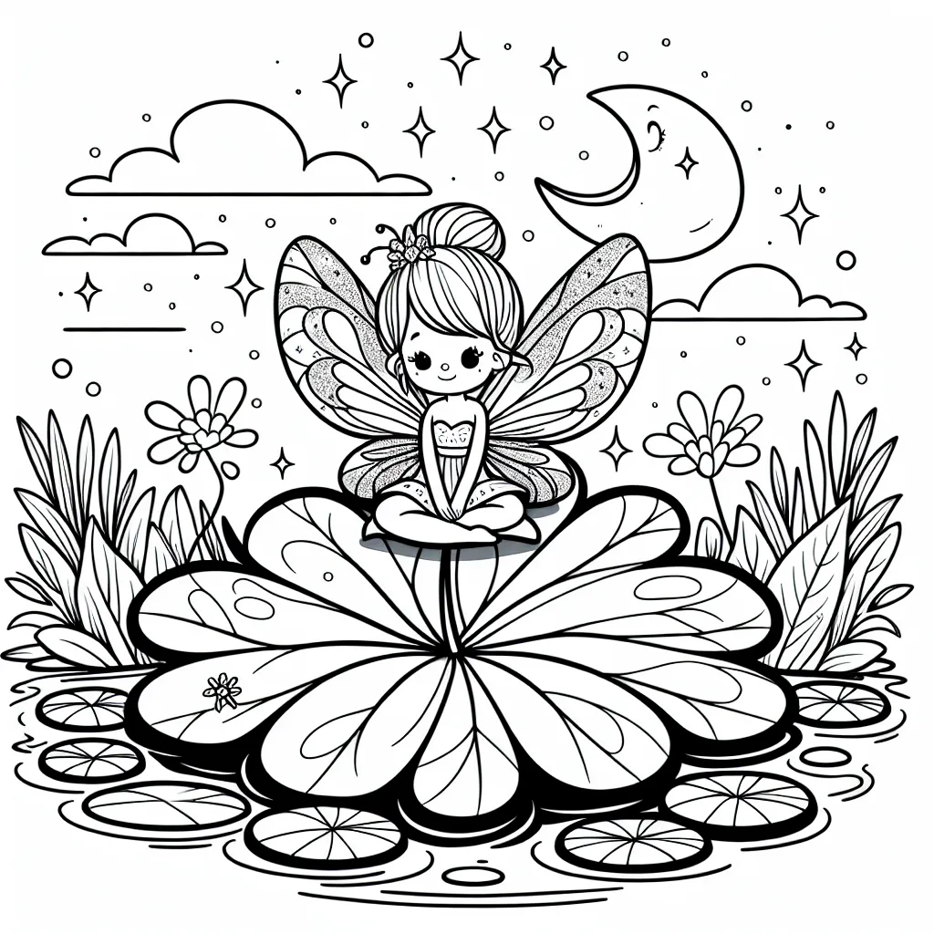 Dessiner une petite fée aux ailes scintillantes assise sur une grande feuille de trèfle qui flotte sur une étang aux nénuphars, au crépuscule, avec un ciel parsemé d'étoiles.