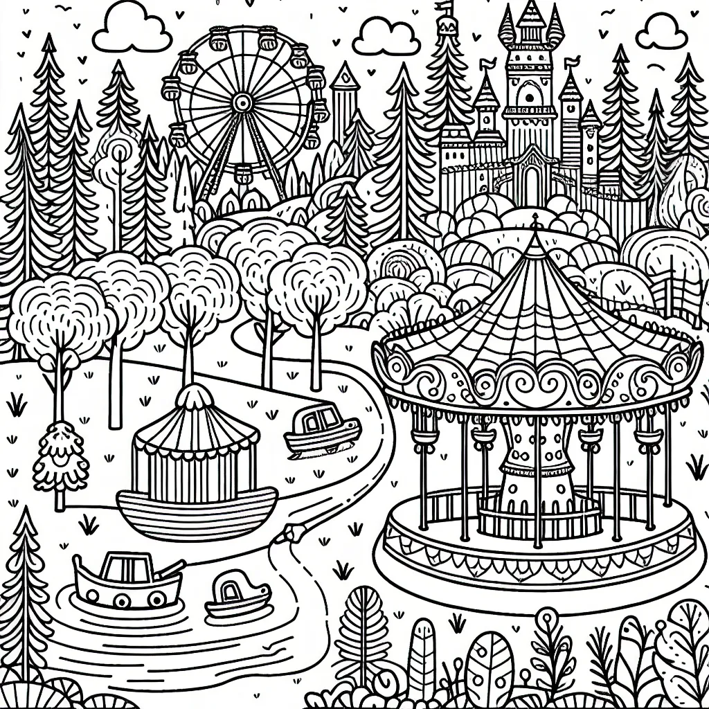 Dessine un magnifique parc d'attractions rempli de manèges et de jeux amusants entouré par une forêt enchantée.
