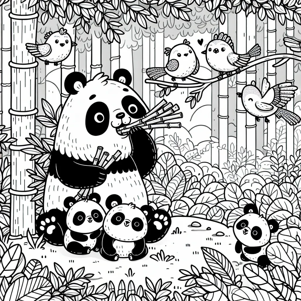 Un groupe de pandas se réjouit en dégustant des tiges de bambou dans une forêt dense et mystique. Des oiseaux colorés les entourent, partageant leur joie tout en remplissant l'air de mélodies harmonieuses.