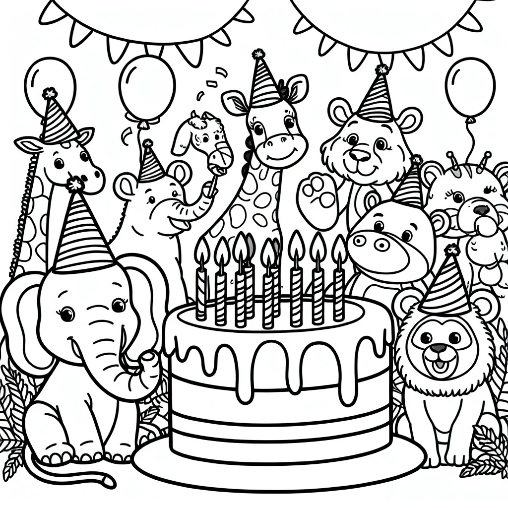 Dans ce coloriage, tu vas retrouver une fête d'anniversaire d'animaux dans la jungle, où tous les animaux portent des chapeaux de fête et soufflent des bougies sur un grand gâteau.