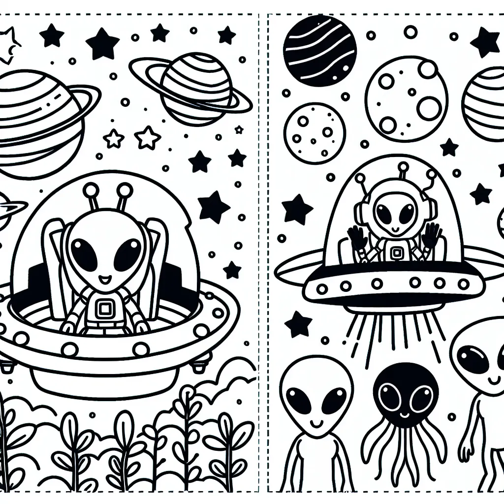Colorie une scène fantastique de voyage dans l'espace avec des extraterrestres et des planètes inconnues.