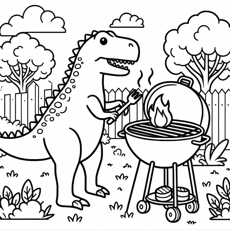 Un dinosaure qui fait un barbecue dans son jardin