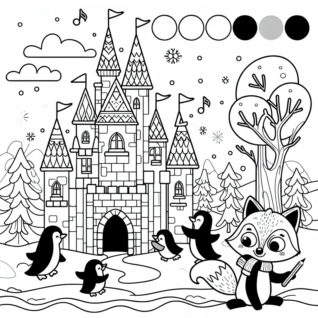 Imagine le renard rusé et malicieux construisant un château en glace dans un royaume enchanté peuplé de pingouins musiciens