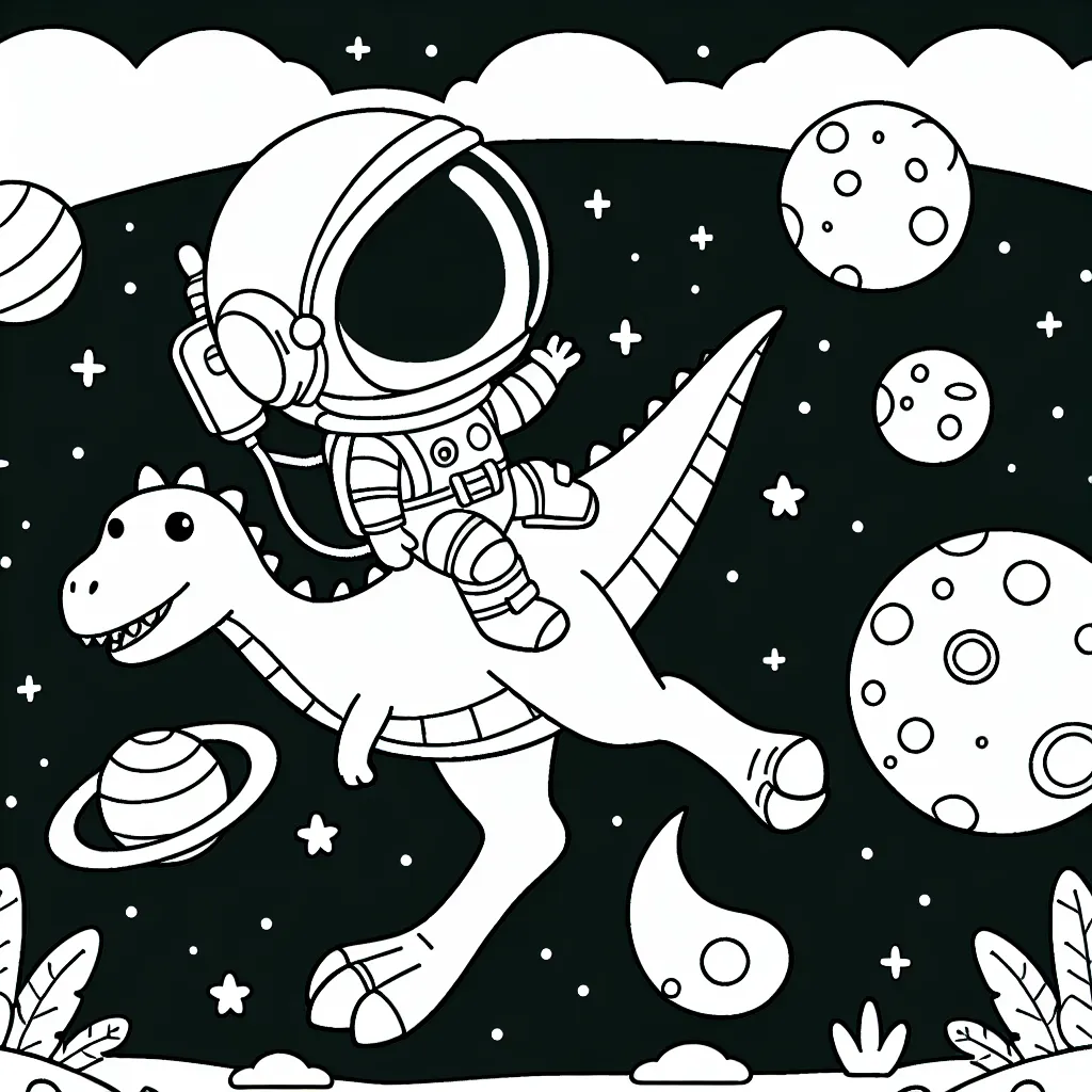 Un astronaute chevauchant un dinosaure dans l'espace avec des planètes colorées en arrière-plan