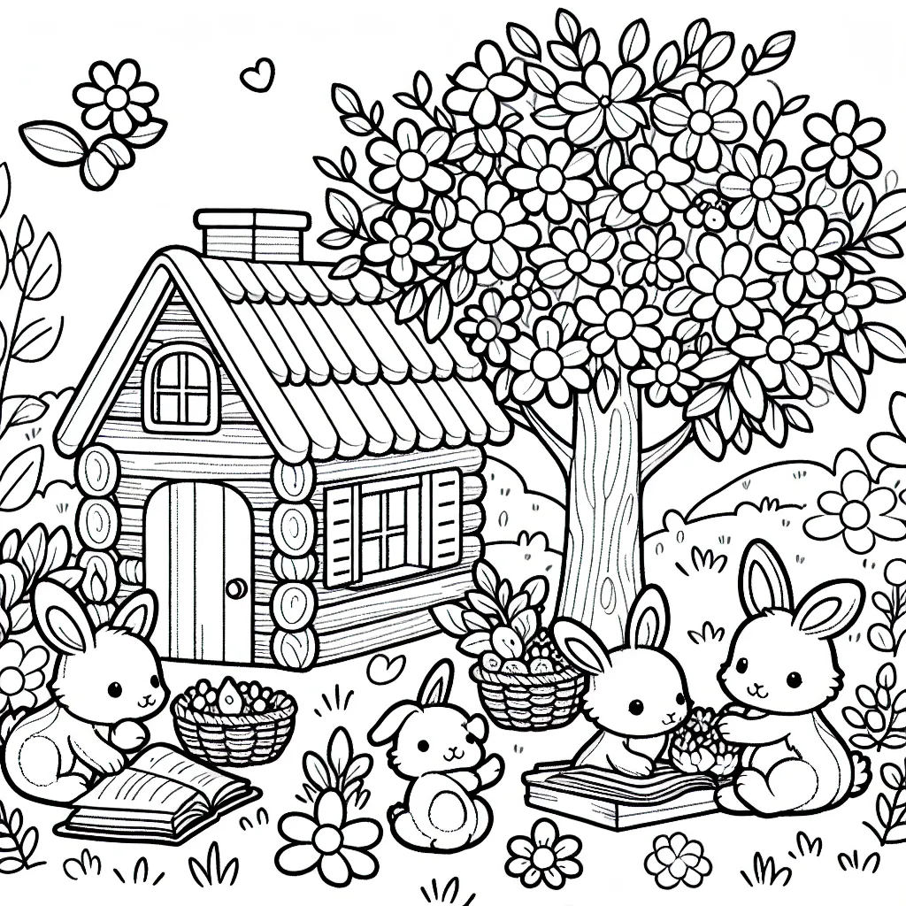 Dans une petite maison cachée au fond d'un jardin fleuri, une famille adorable de lapins s'est installée. Dessine cette jolie scène avec la maman lapin qui prépare un goûter, les baby-lapins qui jouent avec les fleurs et le papa lapin qui lit un livre sous l’arbre. N'oublie pas de faire ressortir les détails como la joie et l'amour qui règne dans cette jolie famille de lapins.