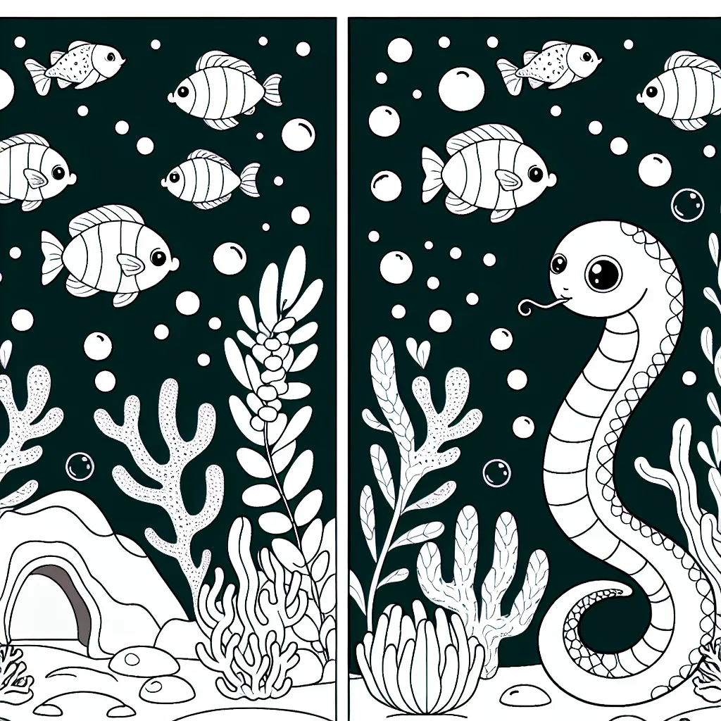 Dessinez une bande dessinée animalière sous-marine avec de petits poissons multicolores, serpent de mer, plantes sous-marines, coraux et une grotte sous-marine mystérieuse.