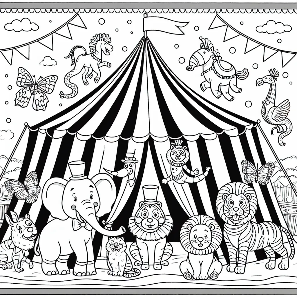 Un cirque amusant avec des animaux exotiques, des clowns joyeux et une grande tente rayée