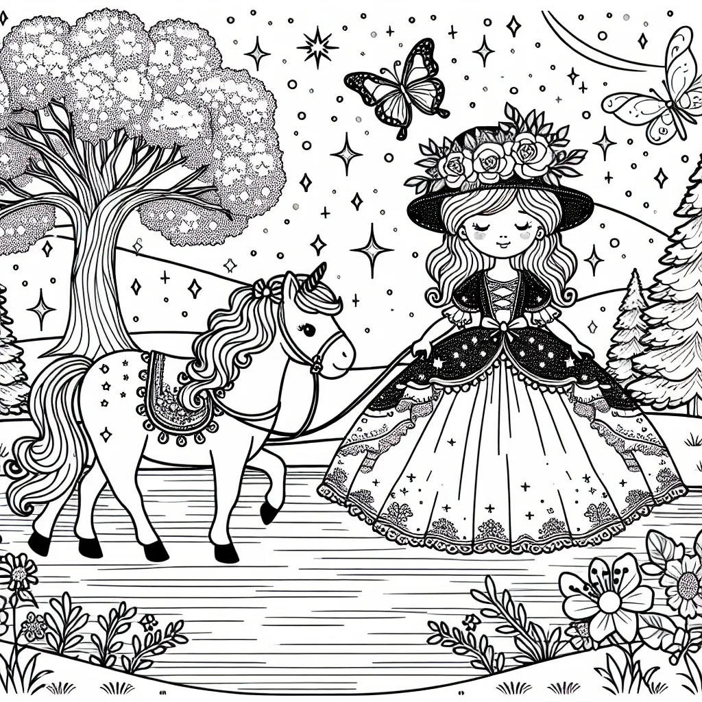 Imaginez-vous en plein cœur d'un paisible royaume féerique. Une élégante princesse à l'audacieux chapeau de fleurs, promène son majestueux poney au bord d'un lac scintillant. Un papillon charmant danse dans le ciel tandis qu'un arbre somptueusement décoré d'étoiles brille au loin.