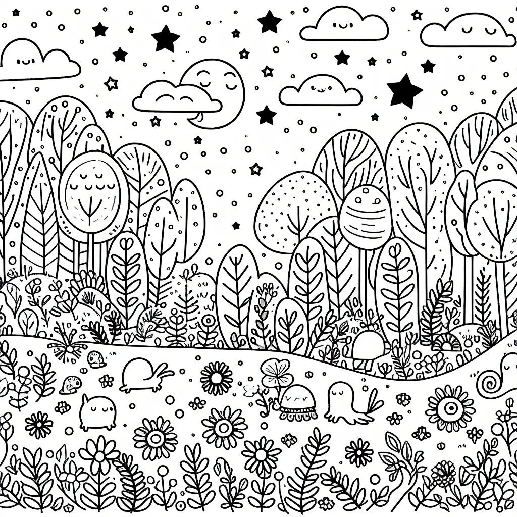 Amuse-toi à colorer ce dessin d'une forêt enchantée peuplée de petites créatures féeriques se déplaçant parmi les fleurs et les arbres sous un ciel étoilé.