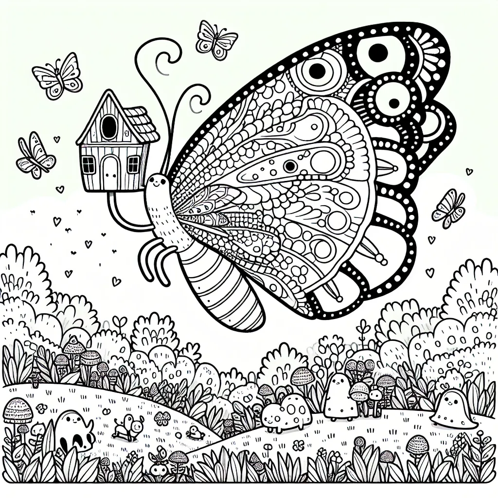 Un paysage féérique impliquant un papillon gigantesque transportant une maisonnette sur son dos, survolant une prairie grouillant de créatures minuscules et amicales, toutes occupées à leur propre activité.
