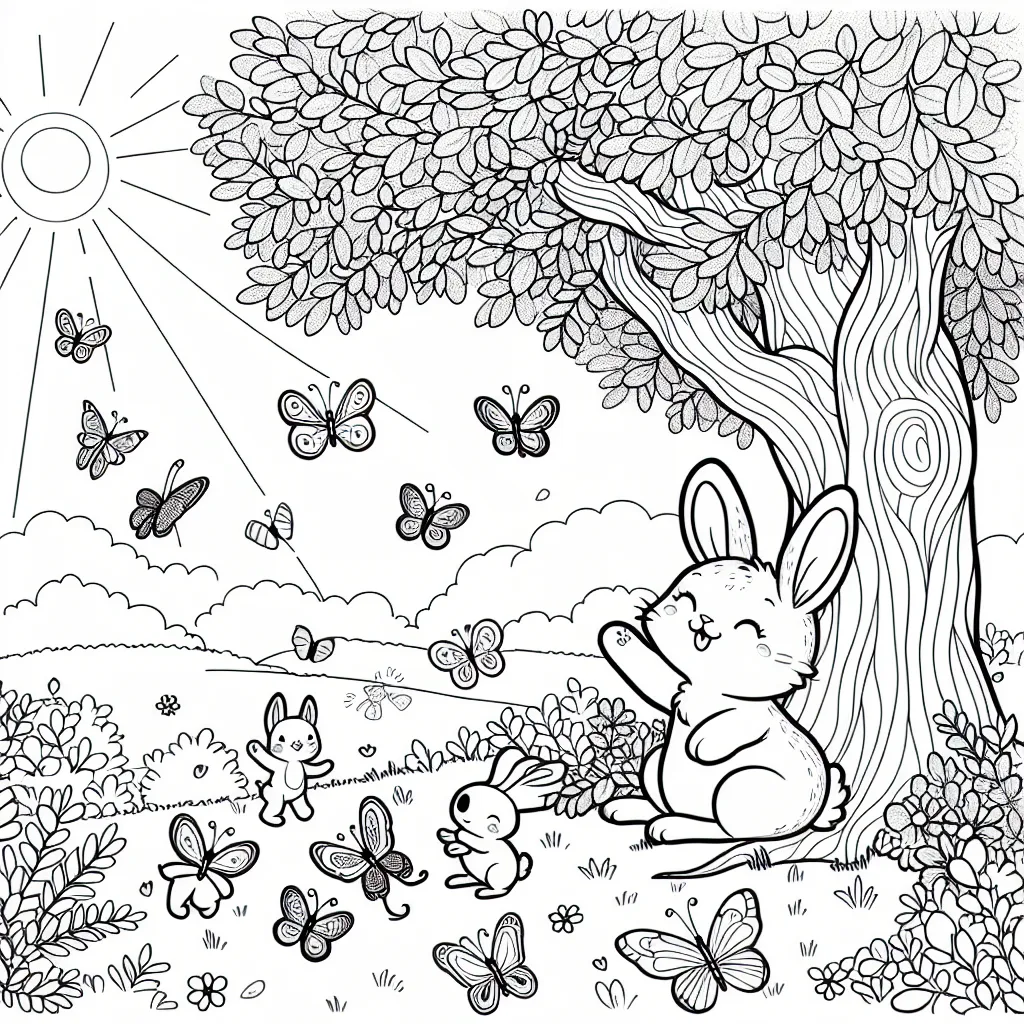 Imagine une scène joyeuse d'un petit lièvre jouant avec des papillons colorés, tous autour d'un gros chêne verdoyant sous un ciel ensoleillé.