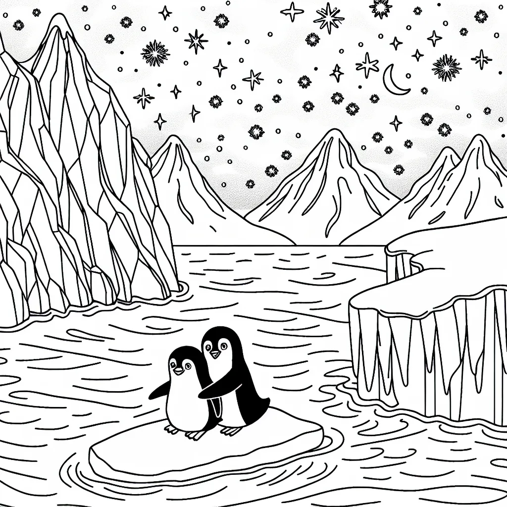 Deux pingouins glissant sur un iceberg géant avec des étoiles scintillantes dans le ciel nocturne du pôle Nord.