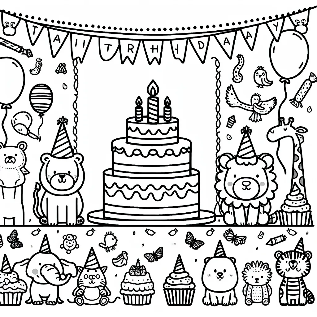 Image d'une fête d'anniversaire au zoo avec divers animaux et gâteaux d'anniversaire