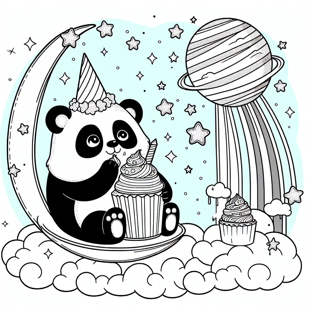 Un panda magique mangeant des cupcakes arc-en-ciel assis sur une lune flottante sous une pluie d'étoiles filantes