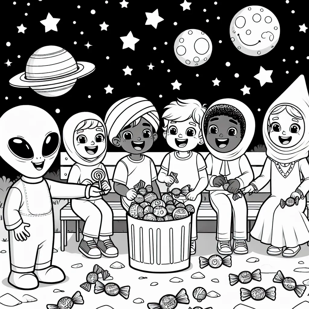 Imagine une scène joyeuse où un gentil extraterrestre partage des bonbons avec un groupe d'enfants dans un parc cosmique.