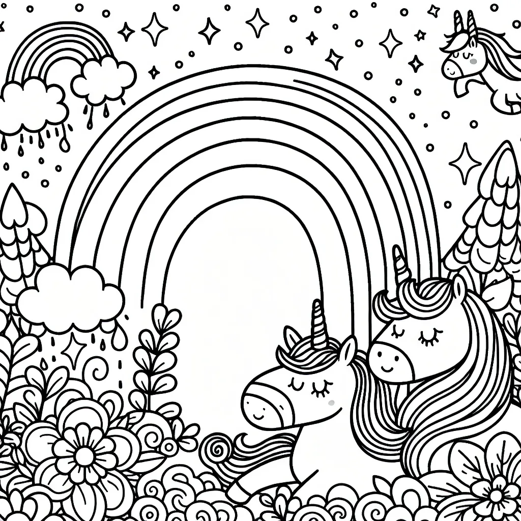 Un arc-en-ciel magique avec des licornes dans un jardin enchanté