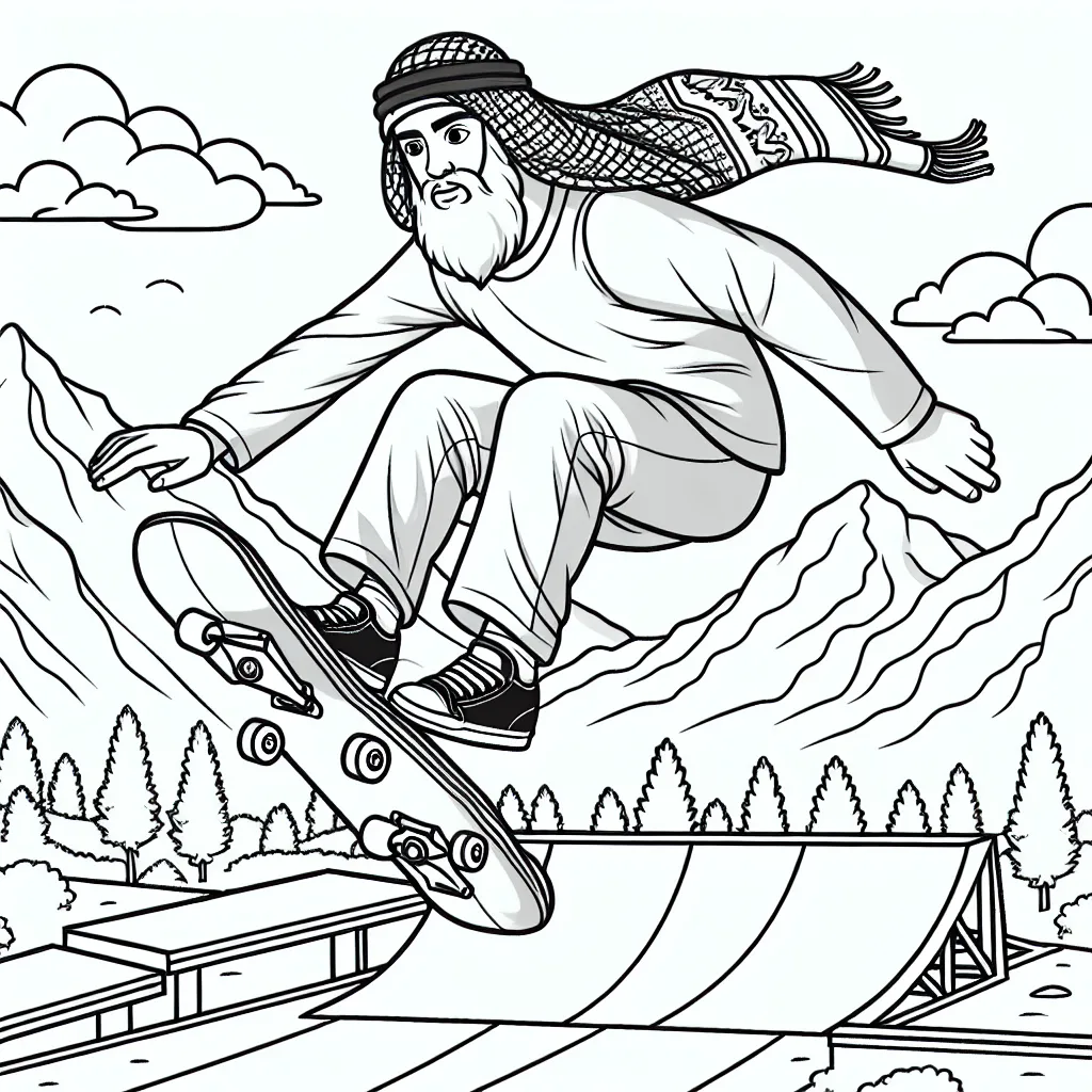 Un skate-boarder exécutant un saut spectaculaire au-dessus d'une rampe, avec des montagnes en arrière-plan