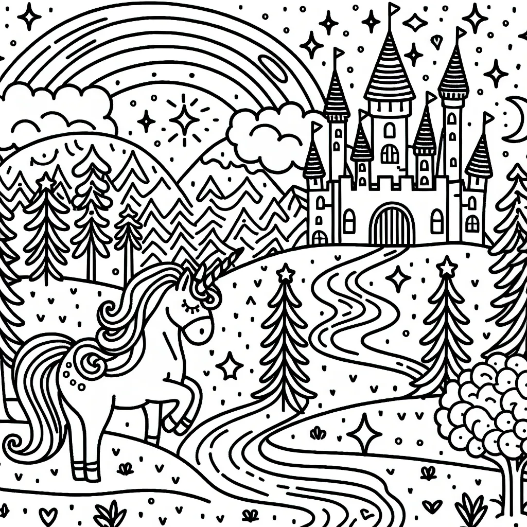 Imagine un paysage fantastique avec une licorne, un château enchanté et un arc-en-ciel brillant, le tout entouré de forêt enchantée.