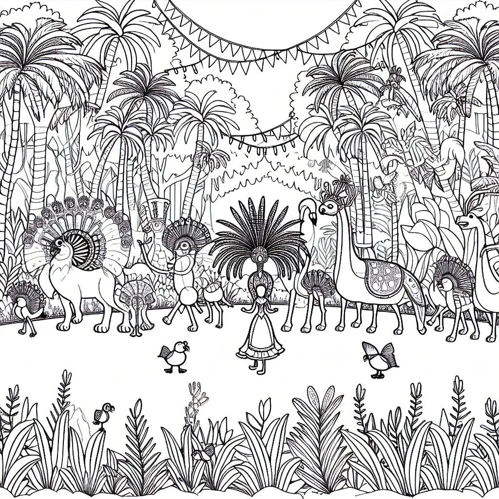 Imagine un carnaval fantastique avec une parade d'animaux incroyables dans la jungle!