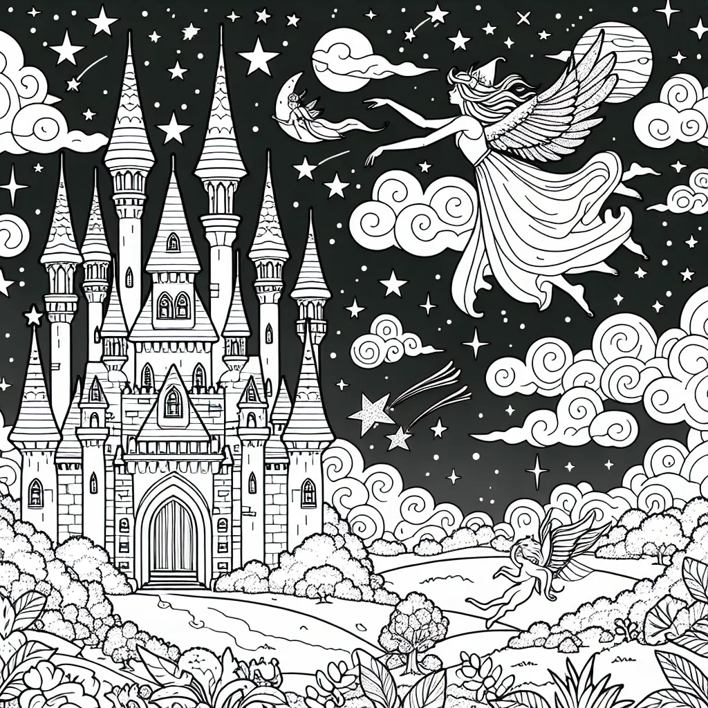 Dessine un château fantastique avec des créatures mythiques flottant dans le ciel étoilé
