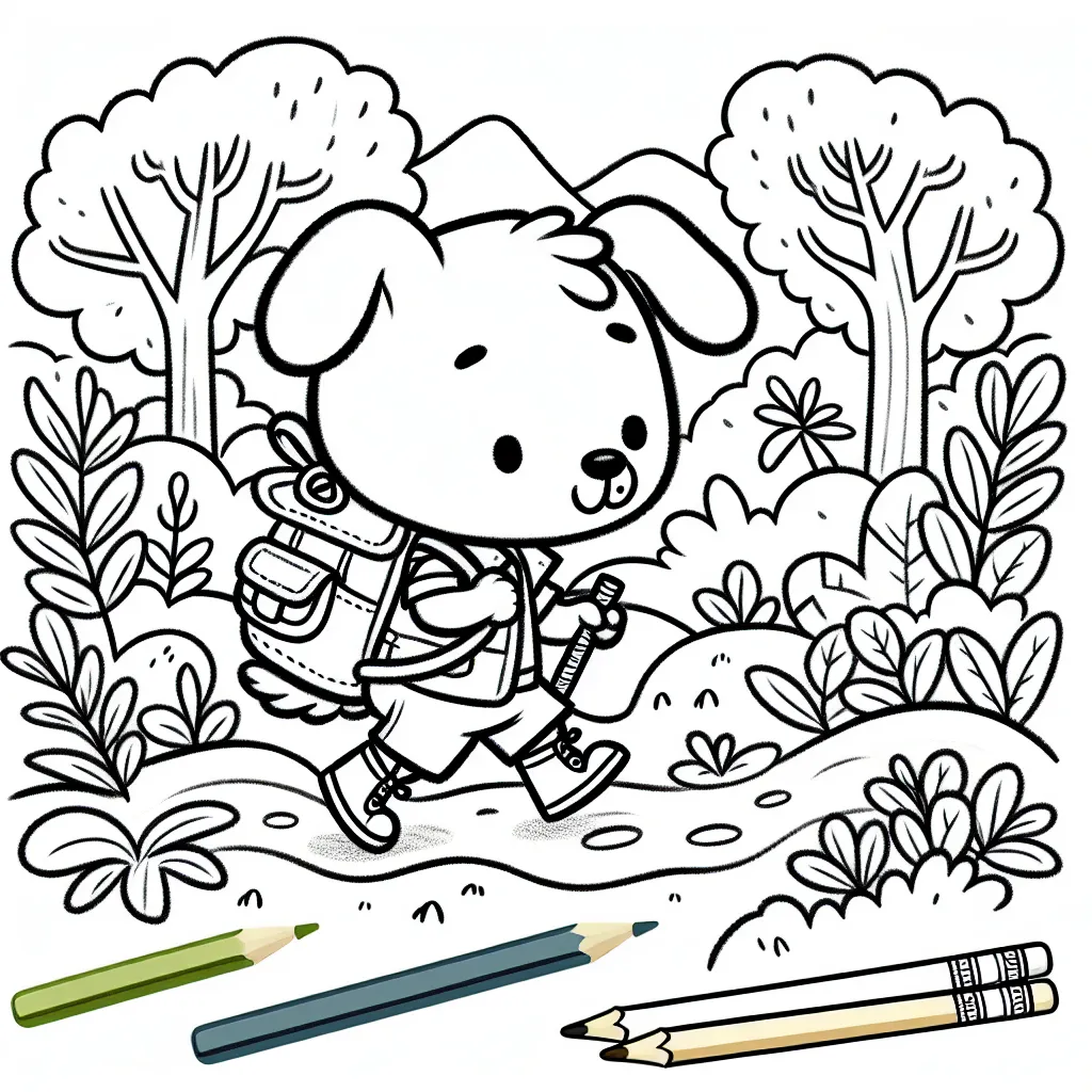 Un petit chien courageux part dans une jungle pleine de mystères avec son sac à dos plein d'outils d'exploration. Attrape tes crayons et aide-le à colorer sa grande aventure!