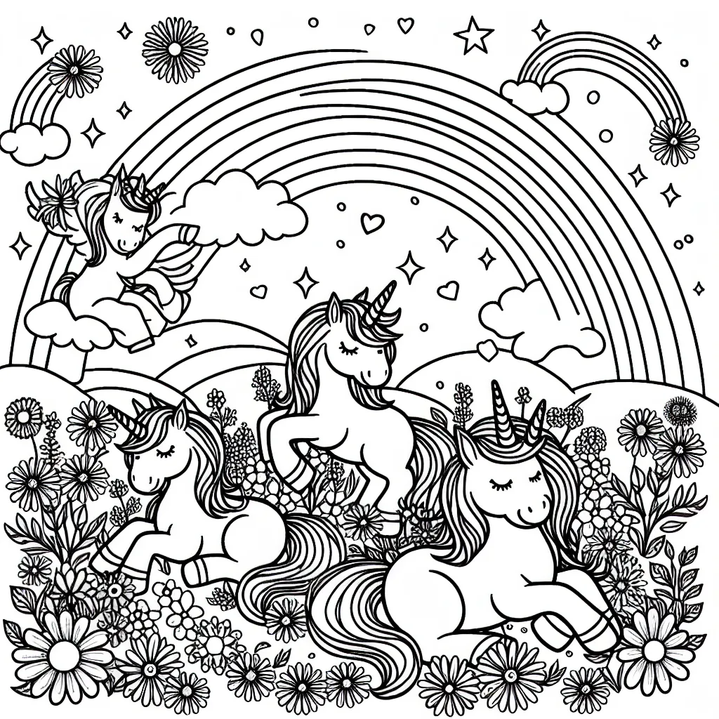 Un groupe de licornes jouant dans une prairie fleurie sous un arc-en-ciel magique