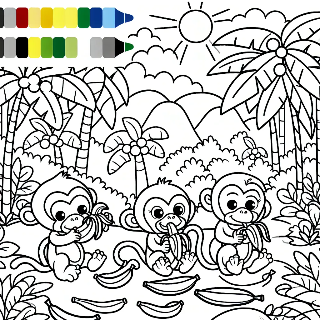 Un groupe de singes malicieux en train de manger des bananes dans la jungle aux couleurs éclatantes.