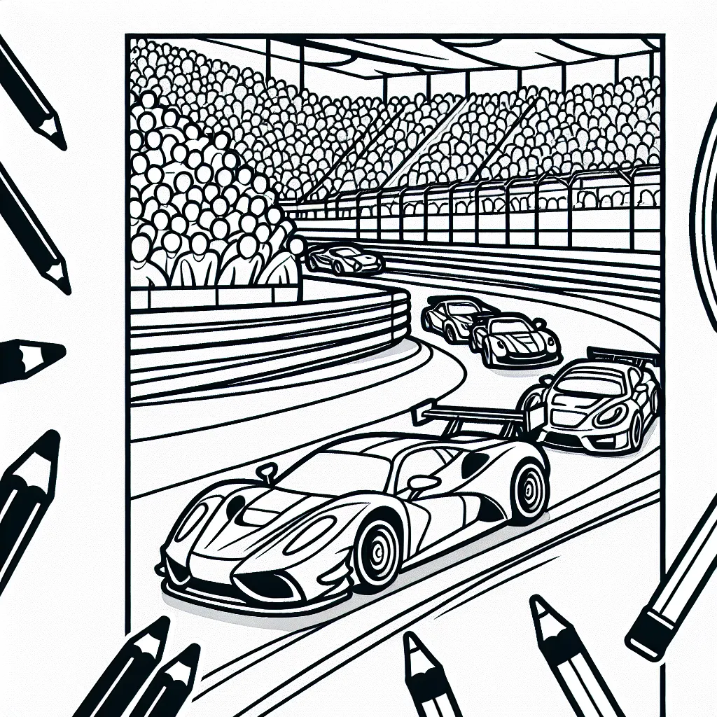 Dessine une course effrénée de voitures de sport colorées sur une piste sinueuse avec un public animé en arrière-plan.