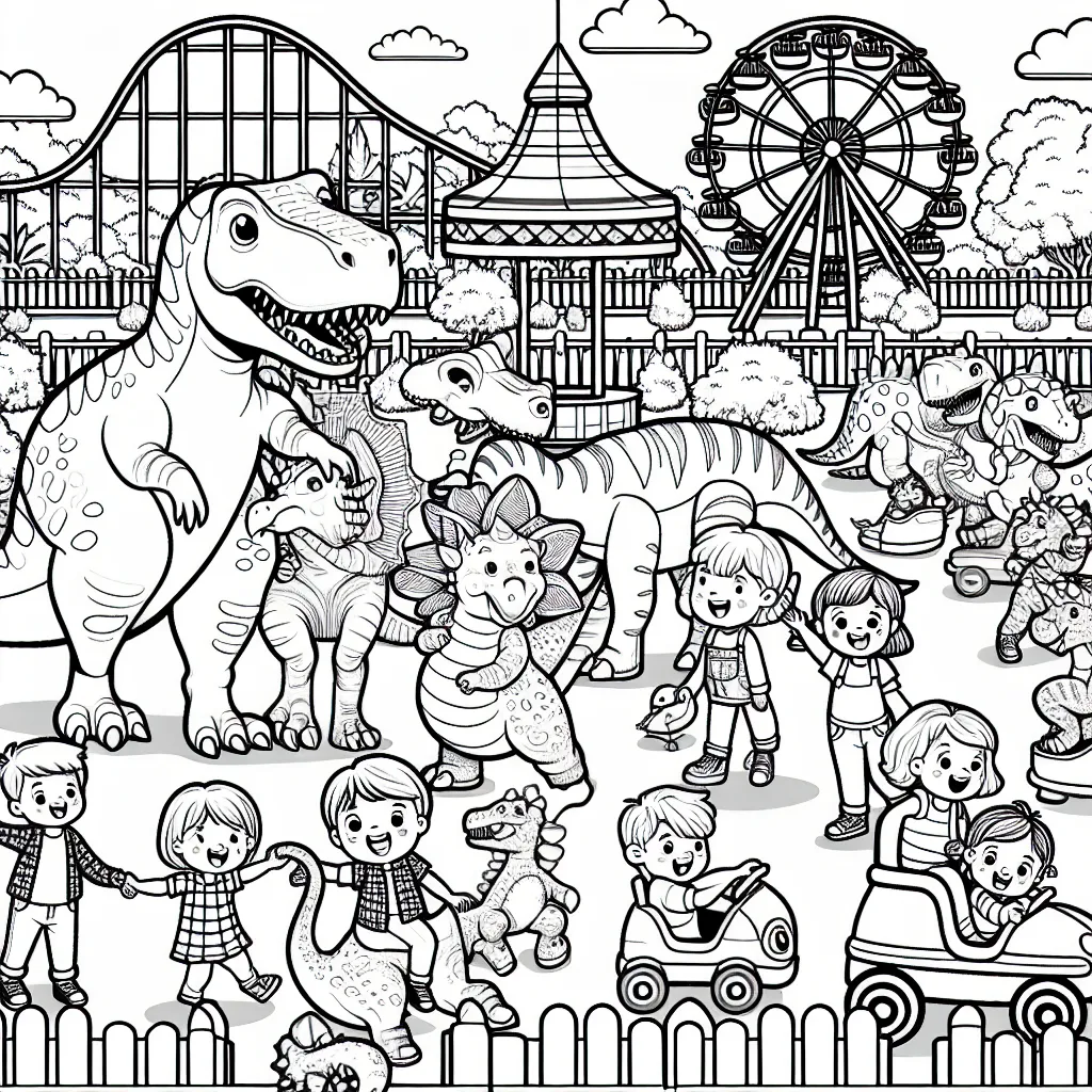 Un parc d'attractions avec des dinosaures et des enfants qui s'amusent