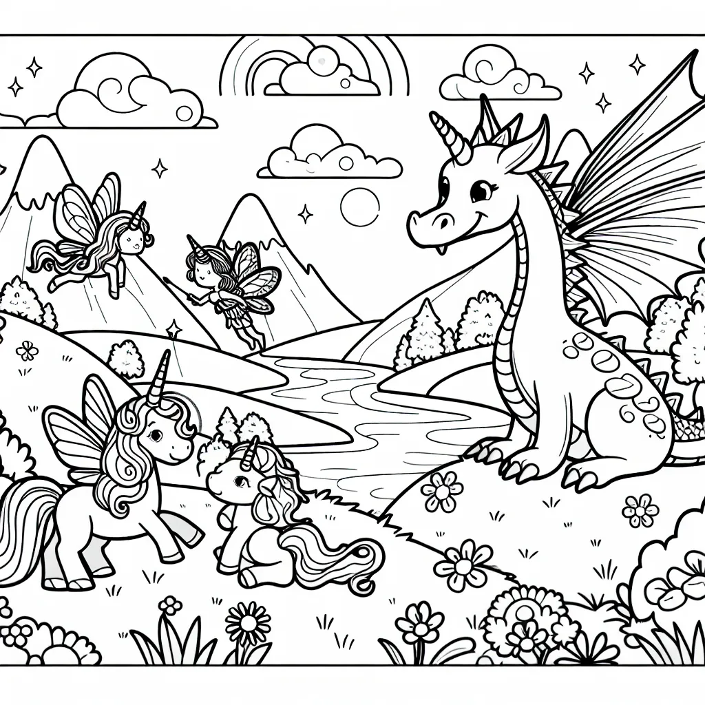 Un dragon amical joue avec des fées et des licornes dans une vallée enchantée.
