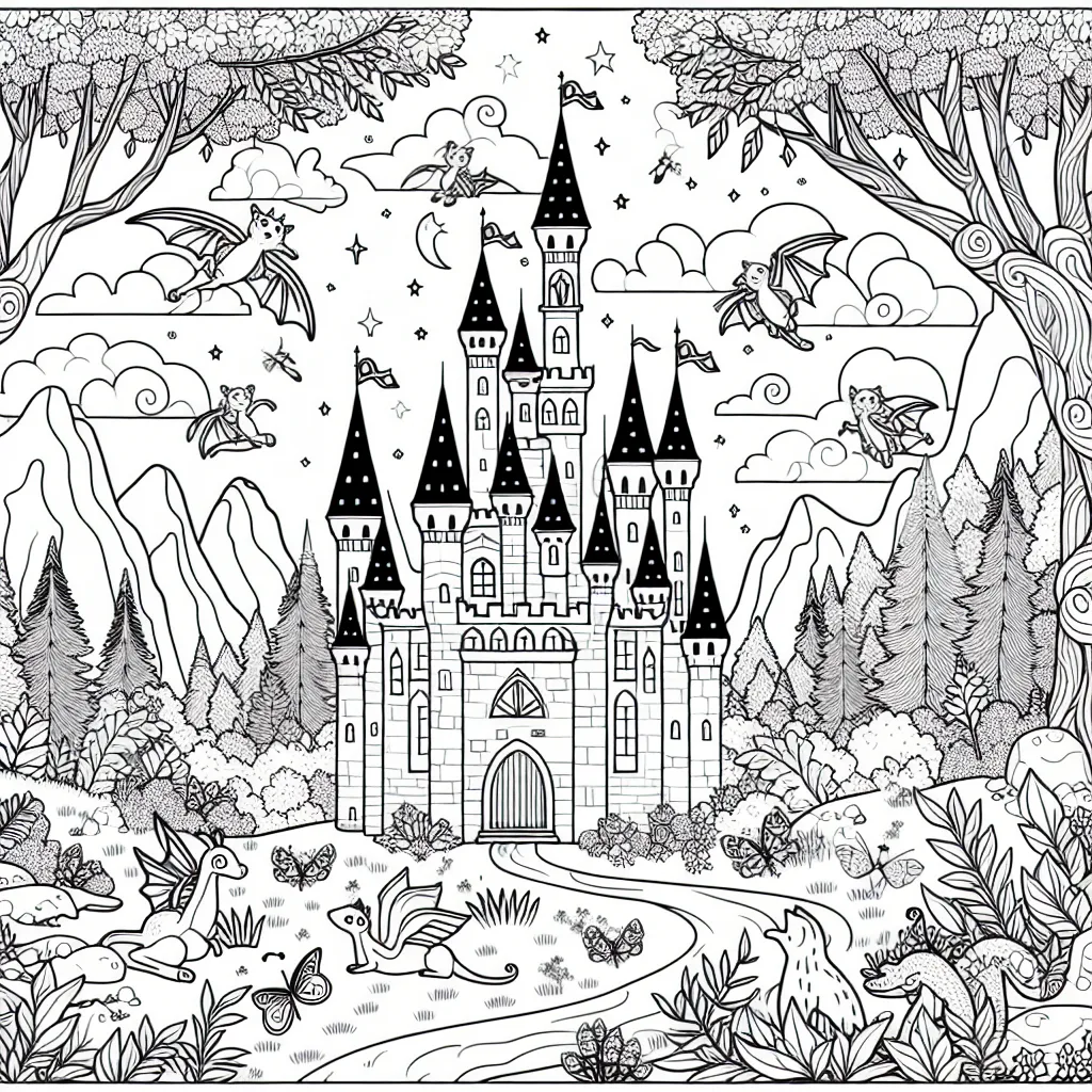 Le mystérieux château dans la forêt enchantée avec des créatures fantastiques