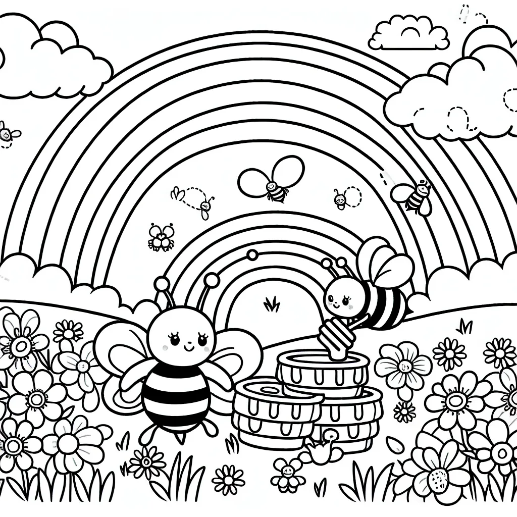 Une féérie d'abeilles à la récolte de miel dans un champ de fleurs tandis qu'un fantastique arc-en-ciel repose à l'horizon