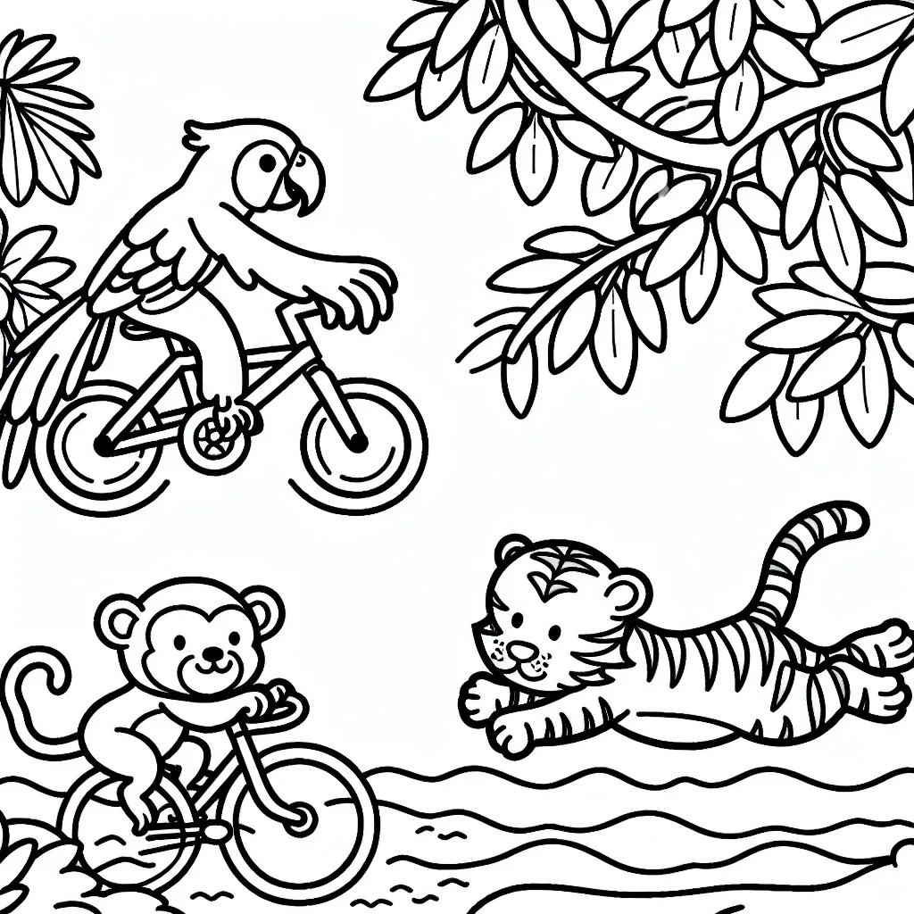 Imagine un triathlon d'animaux dans la jungle. Dessine un perroquet faisant du vélo, un tigre sautant au-dessus d'une rivière et un singe grimpant dans un arbre.