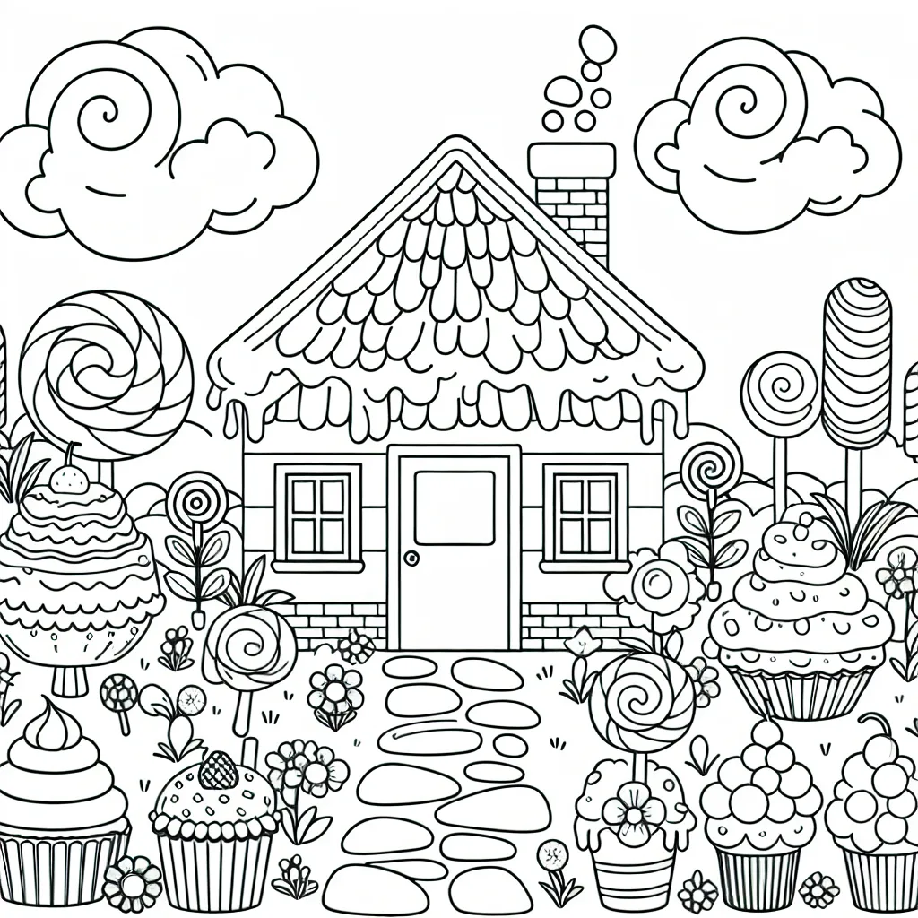 Dessine une grande maison en forme de gâteau au chocolat entourée d'un jardin sucré rempli de plantes faites de bonbons et de glaces. N'oublie pas le chemin de gâteaux qui mène à la porte et les nuages de coton sucré dans le ciel!