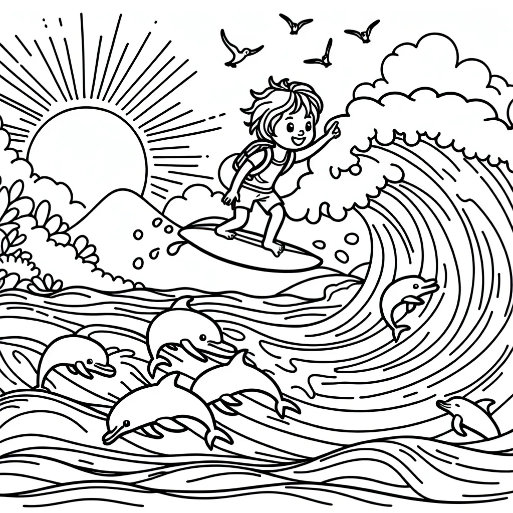 Un jeune aventurier en action sur sa planche de surf, surfant une vague gigantesque, avec des dauphins qui jouent autour, sous un ciel de coucher de soleil.