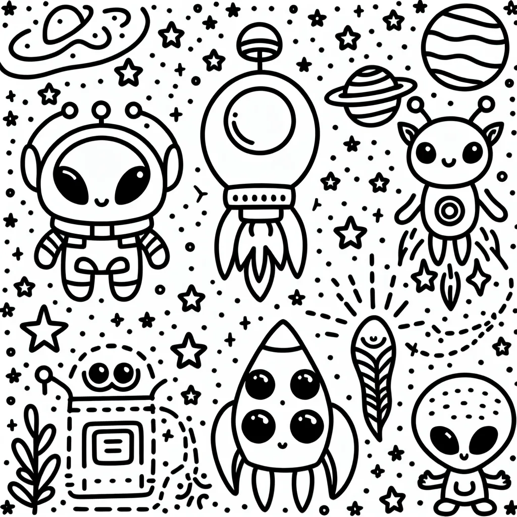 Amuse-toi en coloriant une aventure spatiale avec des extraterrestres, des étoiles, une fusée et des planètes!