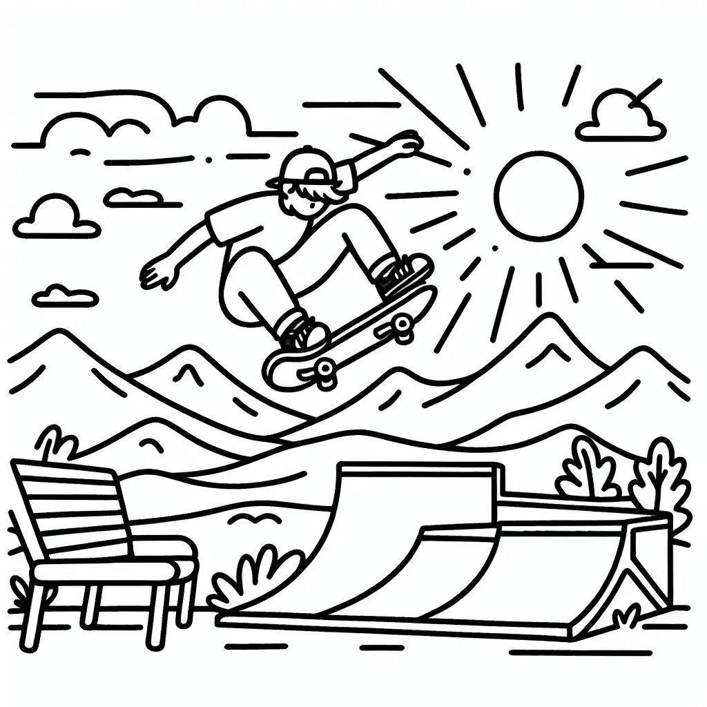 Dessine un skateur exécutant un saut impressionnant sur une rampe dans un parc de skate, avec des montagnes en toile de fond et un soleil radieux dans le ciel.