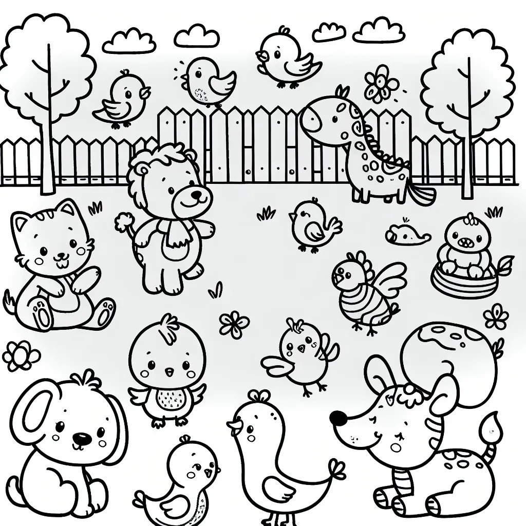 Imaginez et dessinez une scène joyeuse où des animaux de différentes espèces jouent ensemble dans un parc à thème animaux.