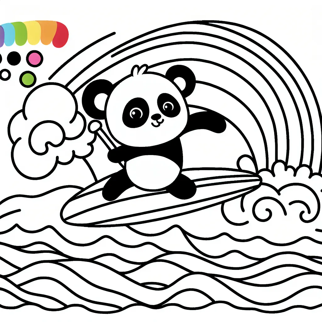 un panda qui fait du surf sur une vague arc-en-ciel
