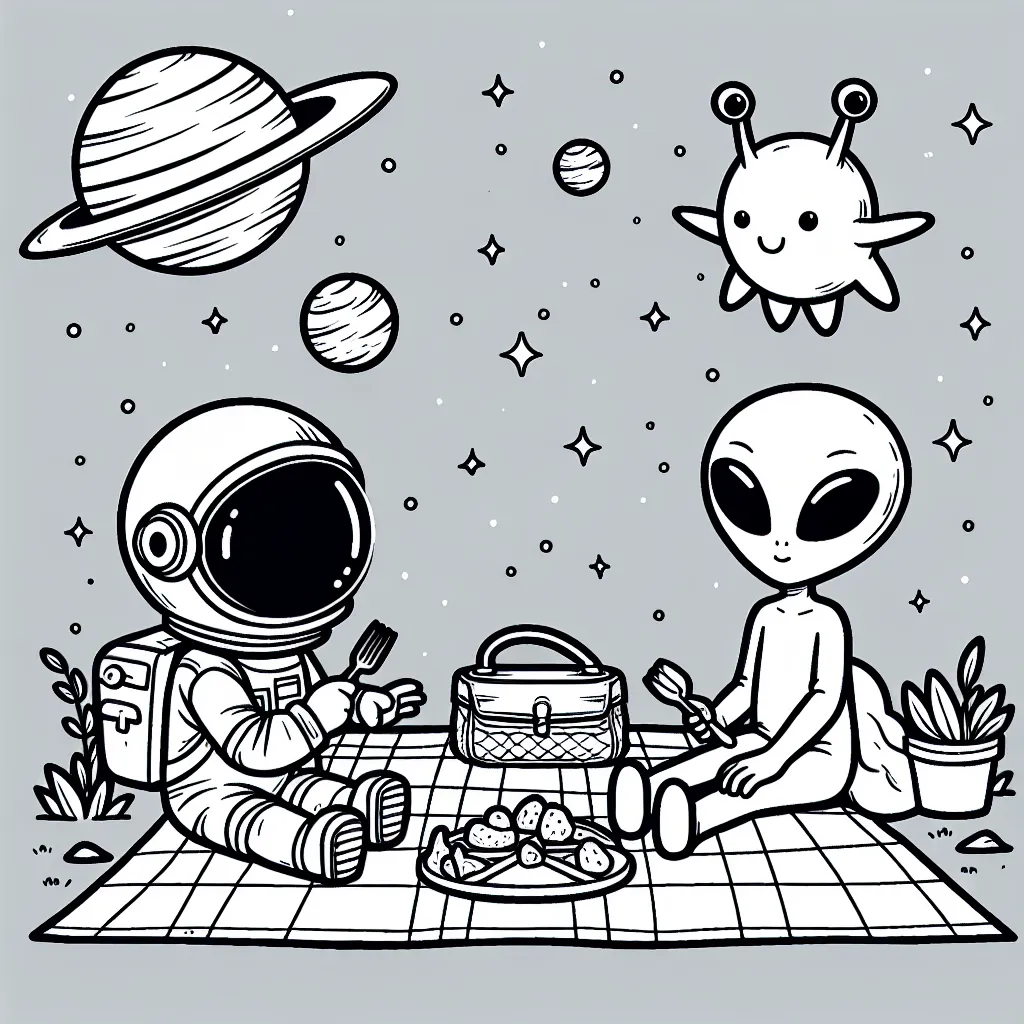 Un astronaute et un alien font un pique-nique sur une planète inconnue.