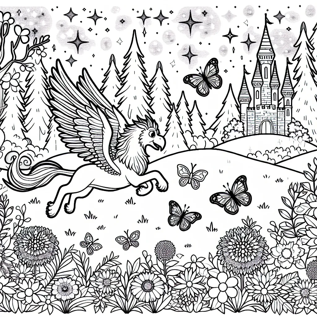 Dans un monde magique, imagine un griffon qui joue avec des papillons arc-en-ciel près d'un château enchanté au milieu d'une forêt brillante remplie de fleurs lumineuses.