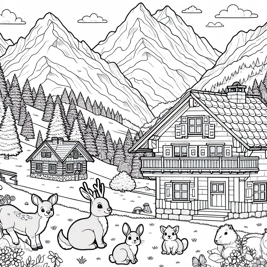 Une scène alpine avec des montagnes, un chalet et des animaux