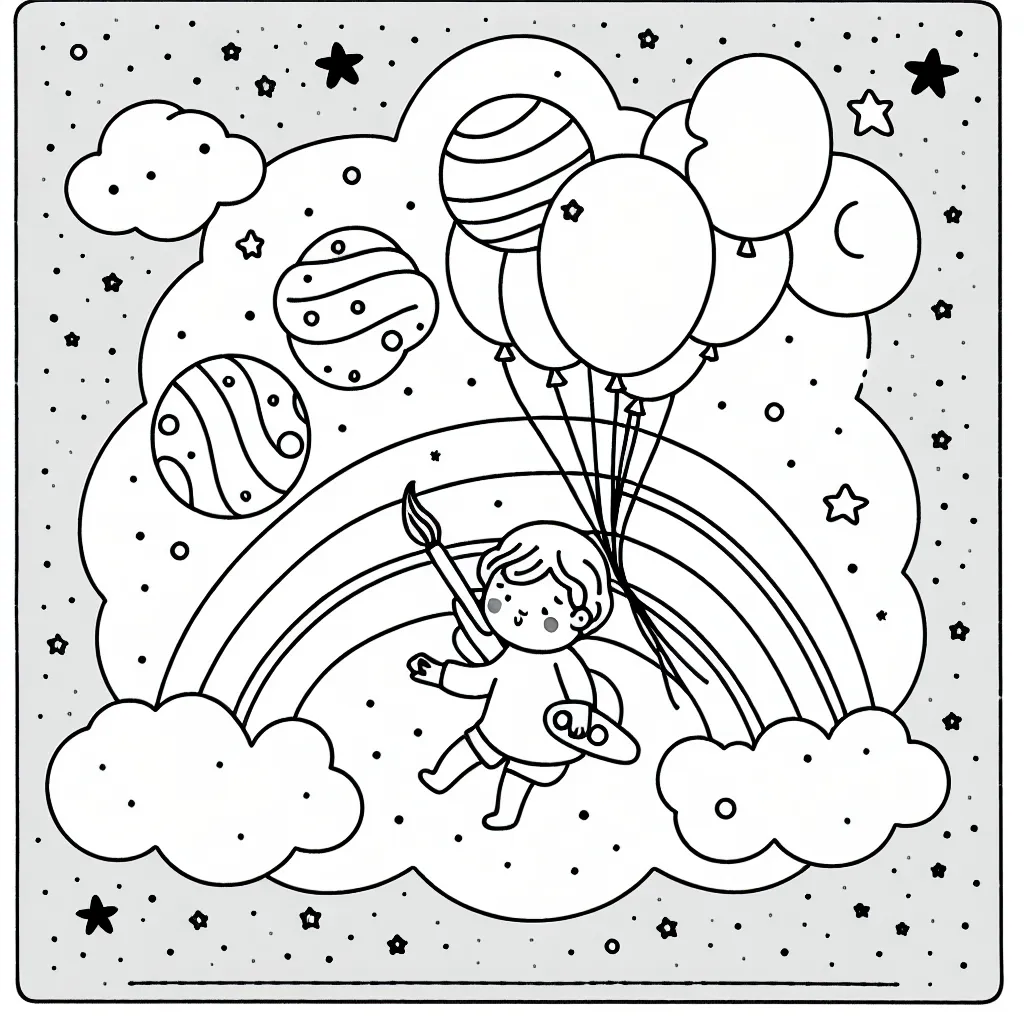 Un petit enfant qui flotte sur un nuage, tenant des ballons aux dispositions astronomiques dans l'une de ses mains et un pinceau de l'autre main, dessinant un arc-en-ciel dans le ciel étoilé.