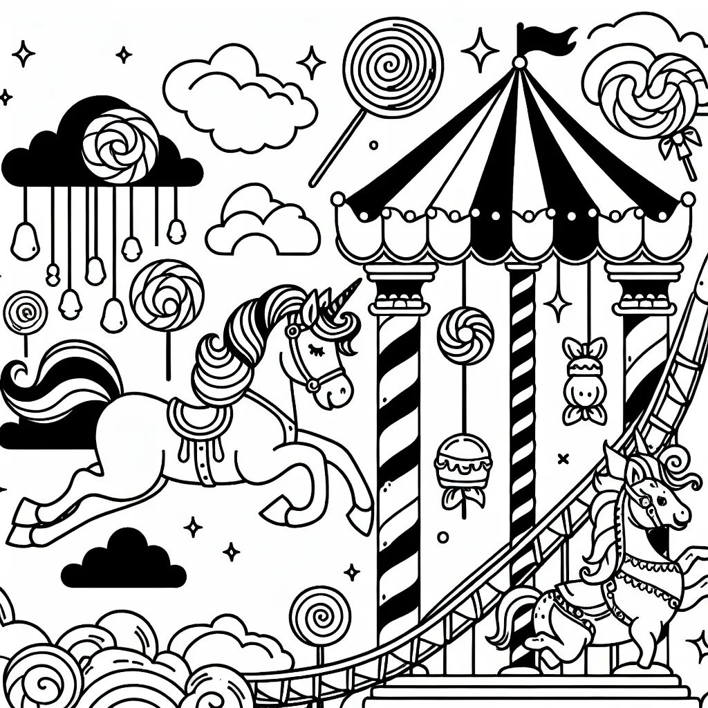 Un parc d'attractions magiques avec des montagnes russes en forme de licorne, des stands de sucreries flottantes et un carrousel de dragons