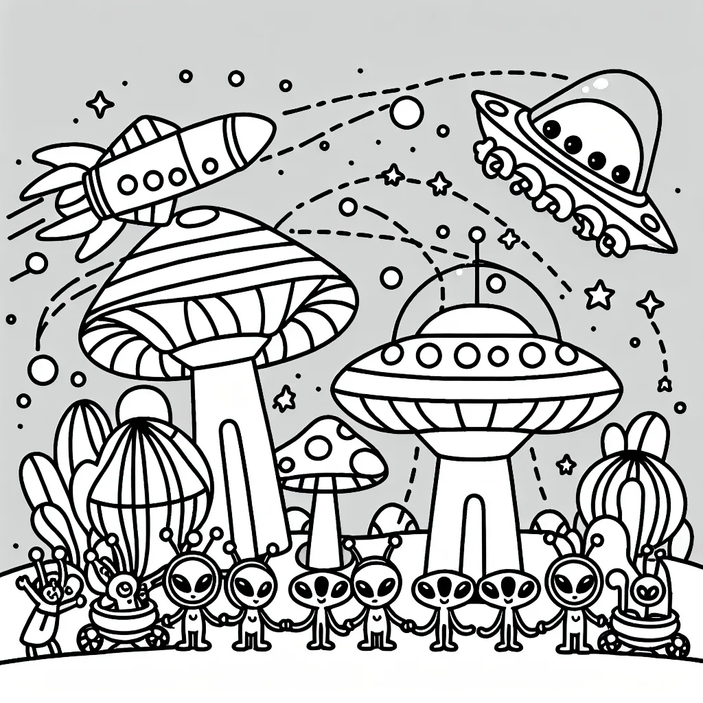 Sur une planète lointaine, une famille d'extraterrestres rigolo se prépare pour le grand carnaval intergalactique. Dessine leur maison en forme de champignon, les extraterrestres avec leurs costumes colorés et le défilé des vaisseaux spatiaux !