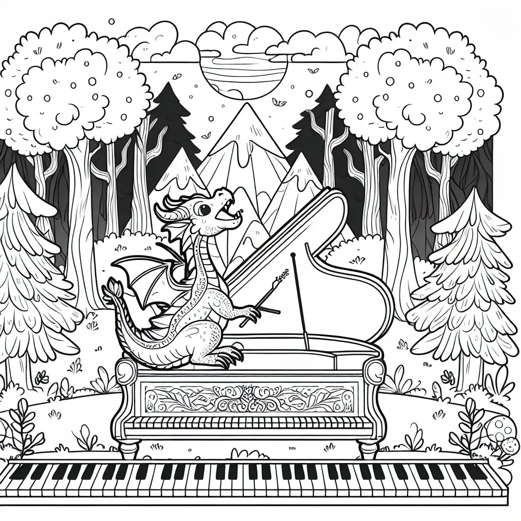 Dessine un paysage fantastique avec un dragon qui joue du piano à queue en plein cœur de la forêt magique.