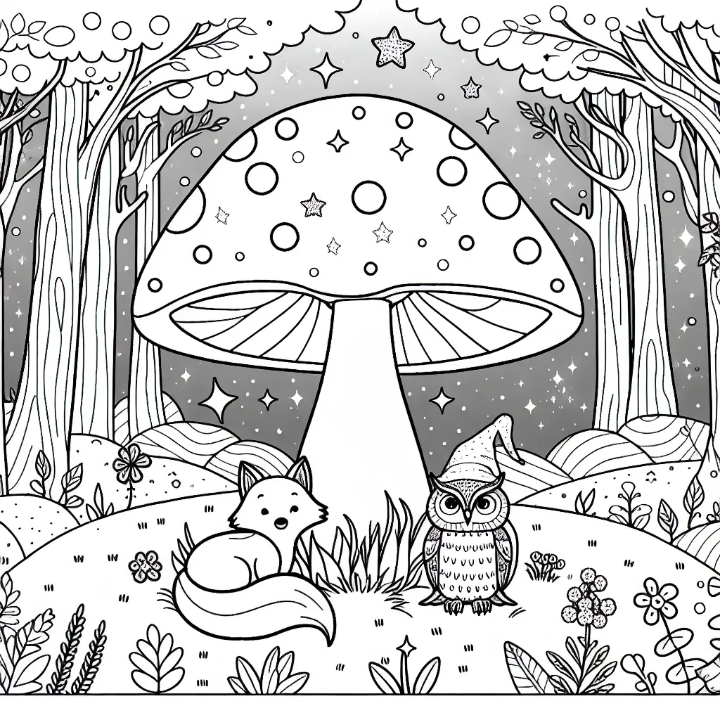 Imagine une scène féerique dans la forêt enchantée où vivent un renard et une chouette sous un grand champignon magique.
