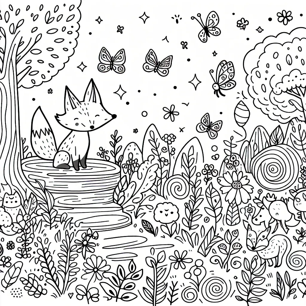 Un petit renard curieux explorant une forêt enchantée pleine de créatures magiques.
